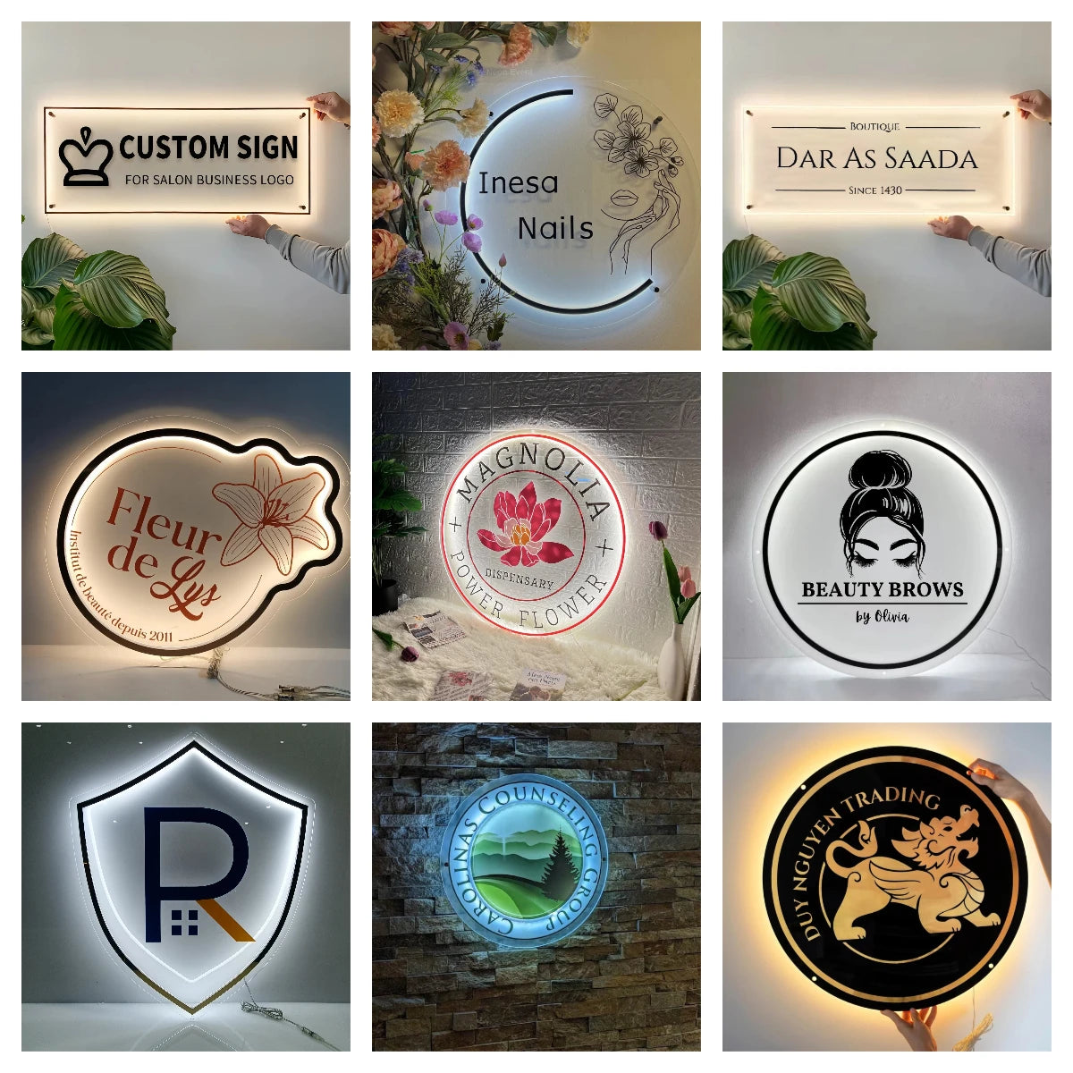 Custom LED Acrylic Metal Sign Restaurant Logo Salon Sign Round Backlit Company Hair Studio Sign Bar LED Neon Light Acrylic Signs